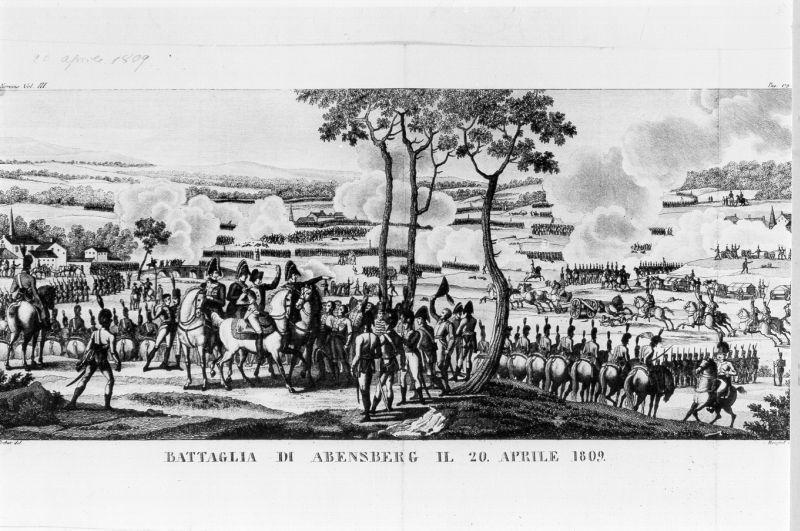Battaglia di Abensberg il 20 aprile 1809, scena di battaglia (stampa) di Svebav, Bovinet Edme (sec. XIX)
