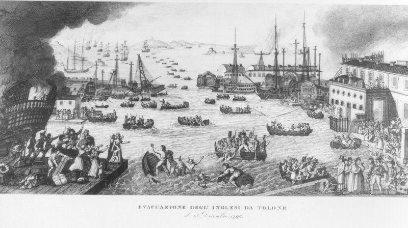 Evacuazione degl'inglesi da Tolone il 18 dicembre 1793, storie della vita di Napoleone Bonaparte (stampa) - ambito italiano (sec. XIX)