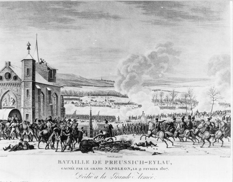 Bataille de Prussich-Eylau, gagnee par le grand Napoléon, le 9 février 1807, scena di battaglia (stampa) di Swebach (prima metà sec. XIX)