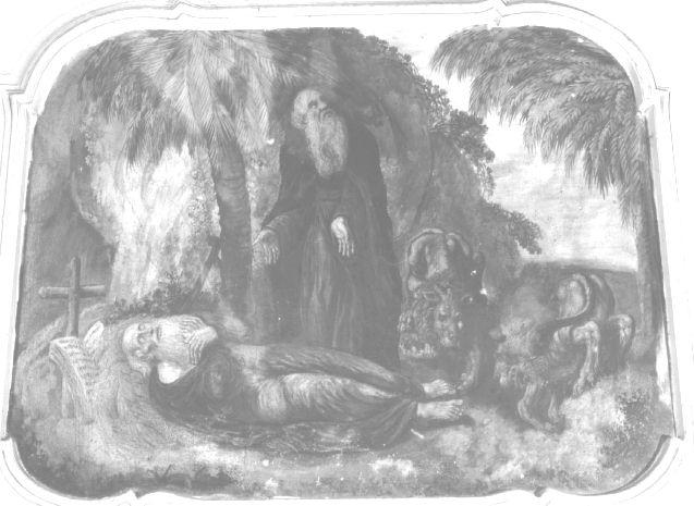 SANT'ANTONIO ABATE E SAN PAOLO EREMITA NUTRITI DA UN CORVO/ SANT'ANTONIO ABATE SEPPELLISCE SAN PAOLO EREMITA AIUTATO DA DUE LEONI (dipinto, serie) di Ademollo Luigi (prima metà sec. XIX)