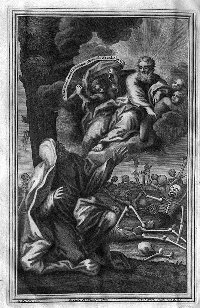 Ezechiele ha la visione della valle delle ossa inaridite (stampa) di Sintes Giovanni Battista, Salvioni Rosalba Maria, Passeri Giuseppe (sec. XVIII)