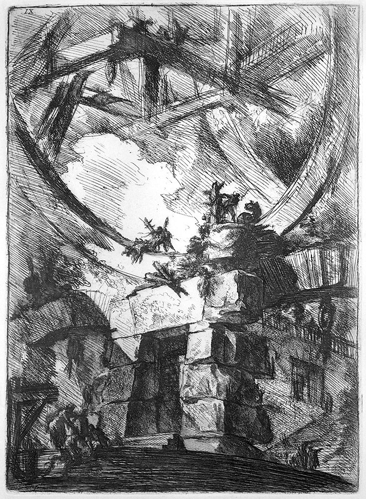 Una massiccia porta ciclopica sostiene una enorme apertura semicircolare, porta (stampa, serie) di Piranesi Giovanni Battista (sec. XVIII)