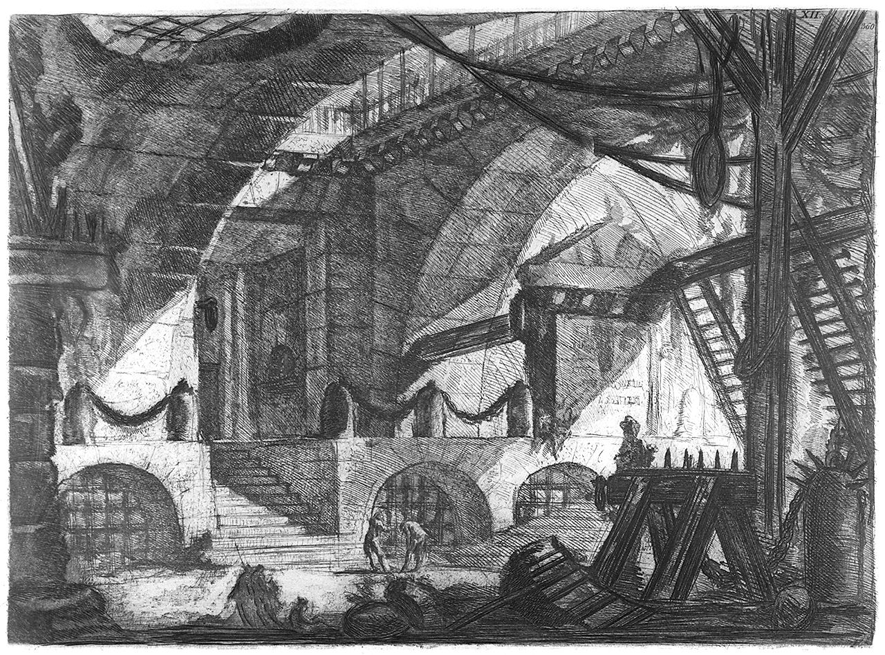 Una piattaforma, con scala di accesso a tre archi muniti di inferriate, porta un monumento funebre e cinque colonnine congiunte da catene, carcere (stampa, serie) di Piranesi Giovanni Battista (sec. XVIII)