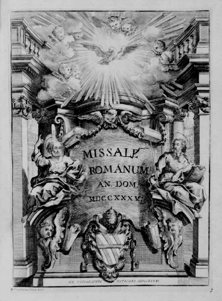 san Pietro e san Paolo ai lati dello stemma papale di Clemente XII e Colomba dello Spirito Santo (stampa) di Conca Sebastiano (attribuito) (sec. XVIII)