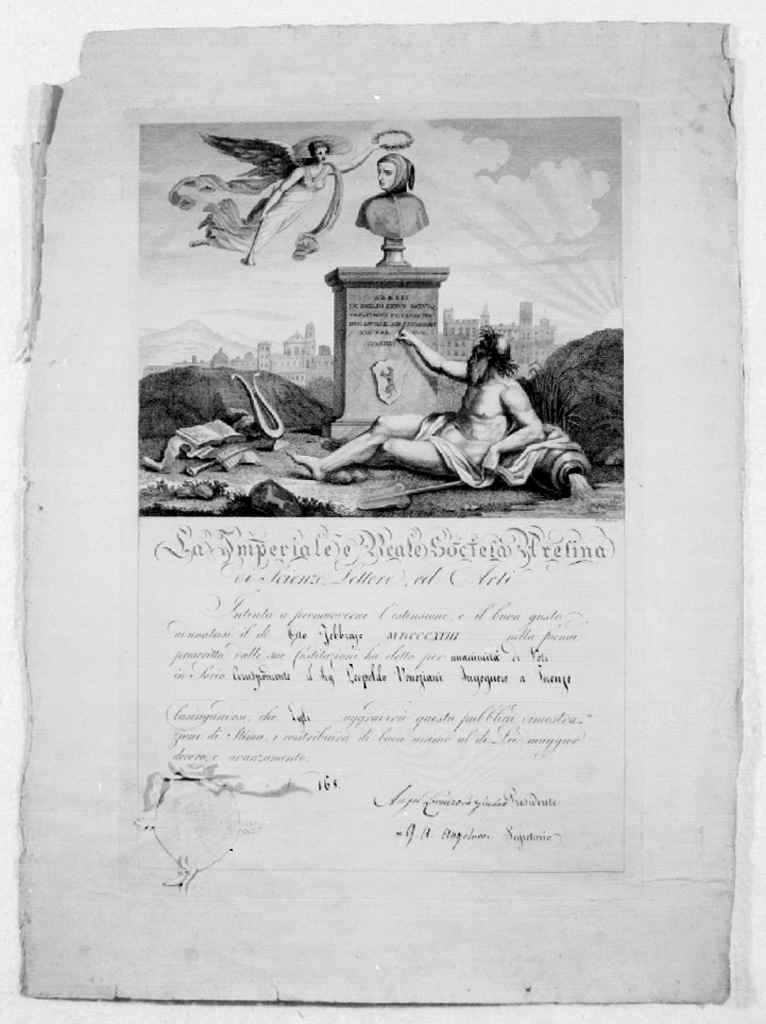 monumento a Francesco Petrarca e figure allegoriche (stampa) di Verico Antonio (secc. XVIII/ XIX)