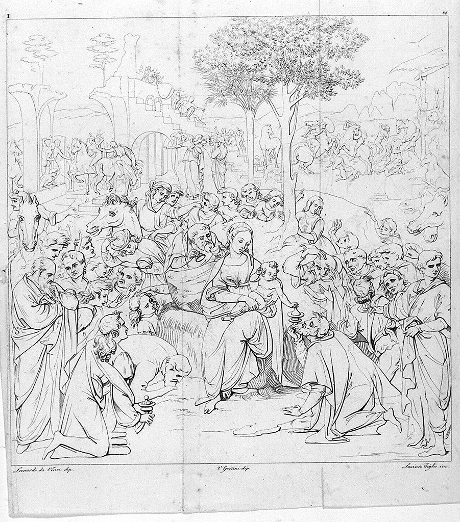 adorazione dei Re Magi (stampa smarginata, elemento d'insieme) di Lasinio Giovanni Paolo, Gozzini V, Leonardo da Vinci (sec. XIX)