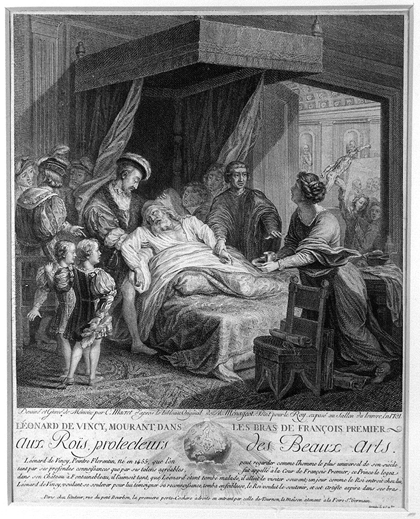 morte di Leonardo da Vinci tra le braccia di Francesco I (stampa) di Macret Charles François, Menageot François Guillaume (sec. XVIII)