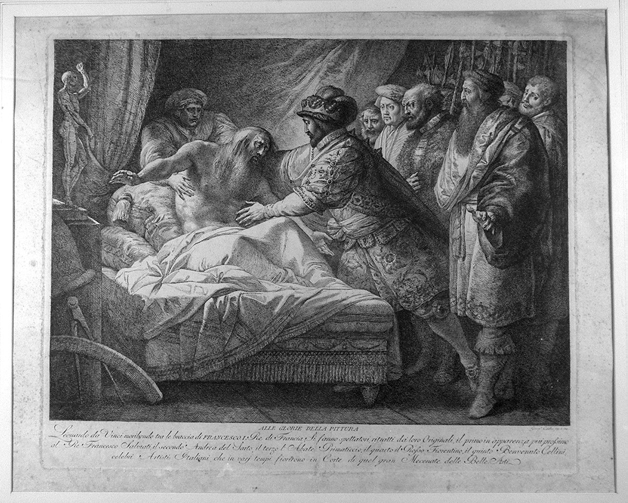 morte di Leonardo da Vinci tra le braccia di Francesco I (stampa) di Cades Giuseppe (sec. XVIII)