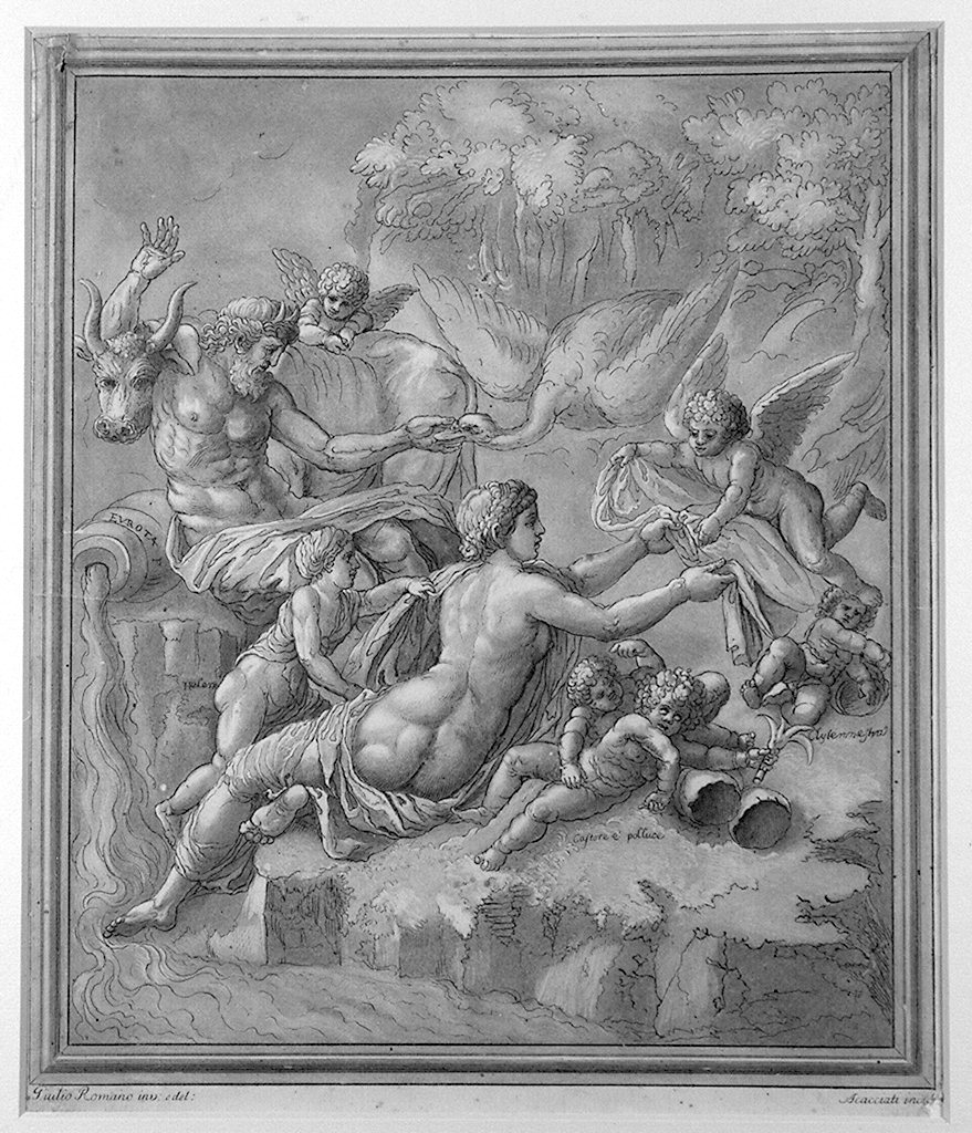 Leda e il cigno e figure mitologiche (stampa smarginata) di Scacciati Andrea, Ligorio Pirro (sec. XVIII)