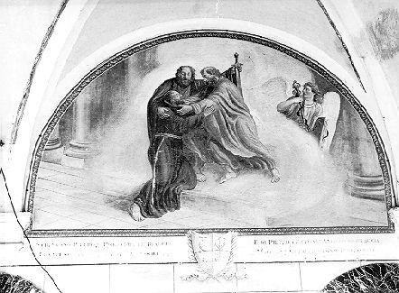 SAN FRANCESCO D'ASSISI ABBRACCIATO DA SAN PIETRO E SAN PAOLO (lunetta, elemento d'insieme) di Ademollo Luigi (sec. XIX)
