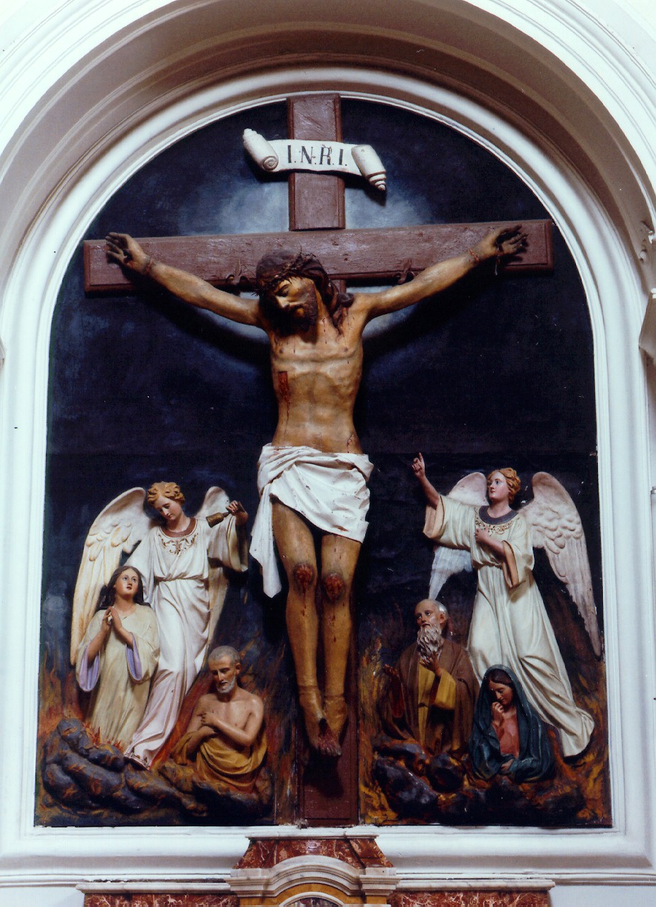 crocifissione di Cristo con la Madonna, San Pietro apostolo, angeli e anime del purgatorio (gruppo scultoreo) - ambito siciliano (sec. XIX)