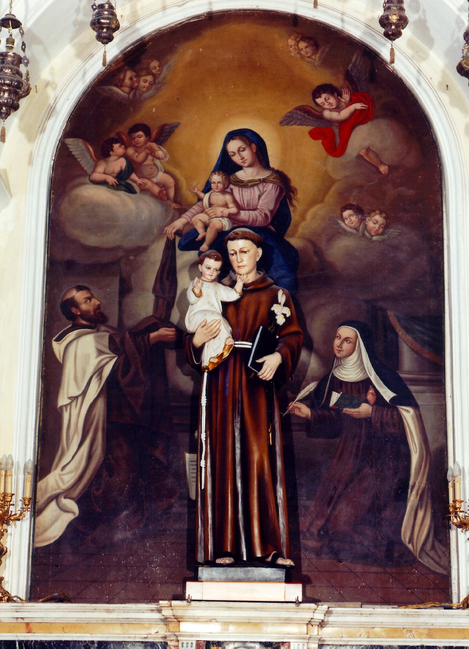 Madonna del Carmelo consegna lo scapolare a San Simone Stock e Santa Teresa d'Avila (dipinto) - ambito siciliano (Seconda metà sec. XIX)