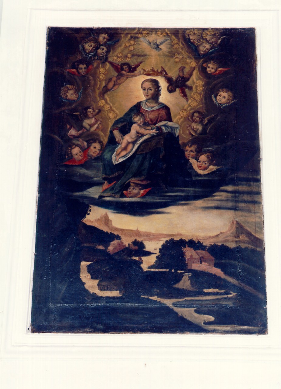 Madonna con Bambino in gloria incoronata da angeli (dipinto) - ambito siciliano (Fine/inizio secc. XVI/ XVII)