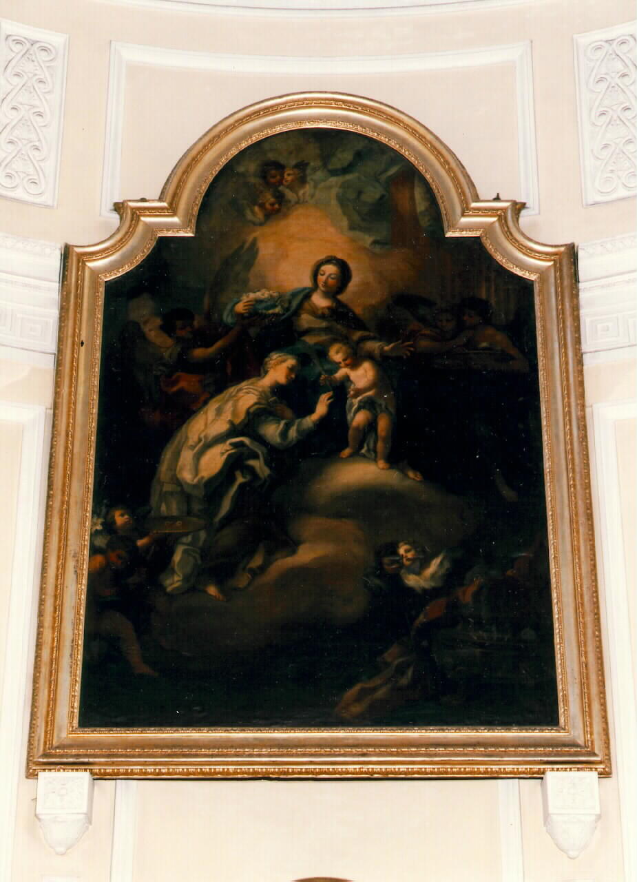 Madonna con Bambino che porge corona di rose a Santa Lucia (dipinto) - ambito siciliano (Prima metà sec. XVIII)