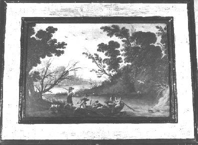 PAESAGGIO CON BARCA E CACCIATORI (dipinto) di De Bles Hendrick Met detto Civetta (primo quarto sec. XVII)