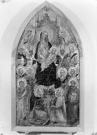 Madonna in trono con Bambino, San Domenico, Santa Margherita, San Francesco, San Giovanni Battista, tre Santi Vescovi e tre Sante martiri (dipinto, opera isolata) di Niccolò di Tommaso (attribuito) (seconda metà sec. XIV)