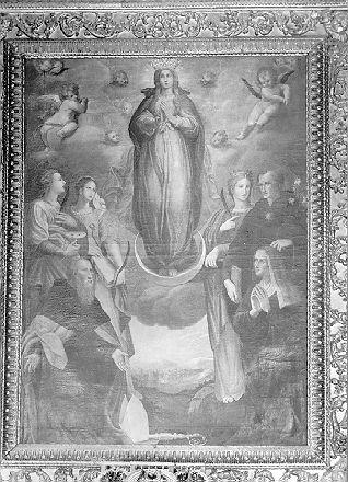 Immacolata Concezione tra angeli e cherubini con San Vincenzo Ferrier, Sant'Agata, Santa Caterina da Siena, San Nicola da Tolentino e Santa Caterina d'Alessandria (dipinto) - ambito italiano (sec. XVIII)