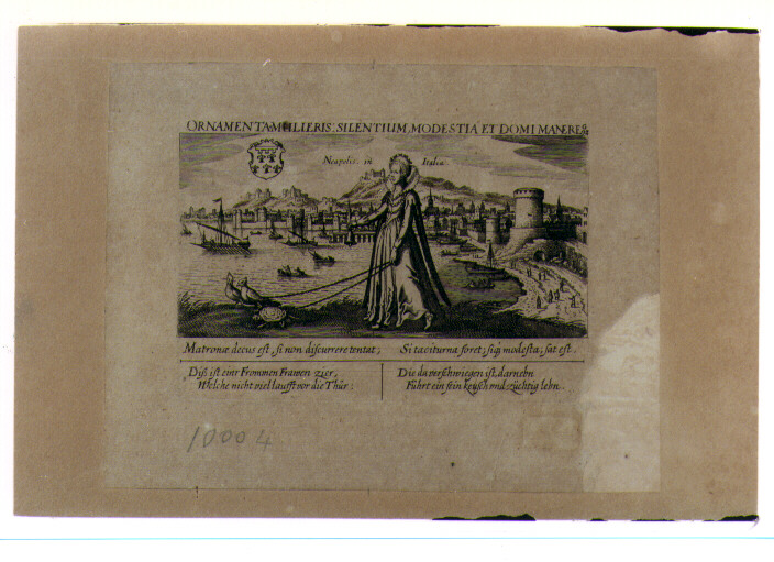 veduta di Napoli e allegoria delle virtù femminili (stampa) - ambito tedesco (secc. XVI/ XVII)