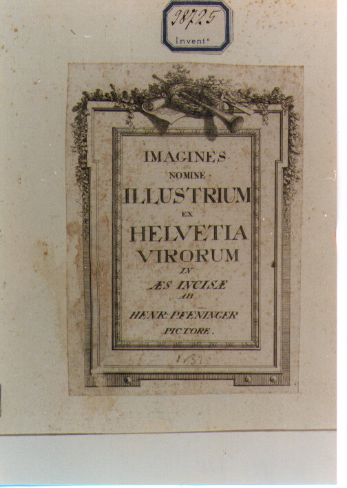 insegna con Panoplia e iscrizione (stampa) di Pfenninger Heinrich (secc. XVIII/ XIX)