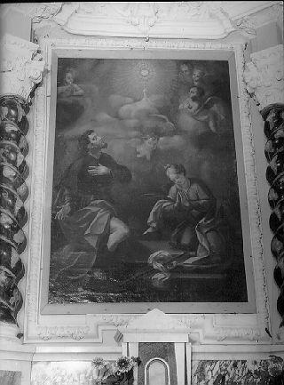 San Rocco e santa martire in adorazione dell'Eucaristia (dipinto) - ambito italiano (sec. XVII)