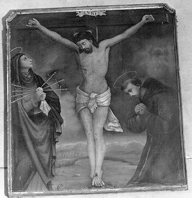 Cristo crocifisso con Madonna dei dolori e San Francesco (dipinto) - ambito italiano (sec. XIX)