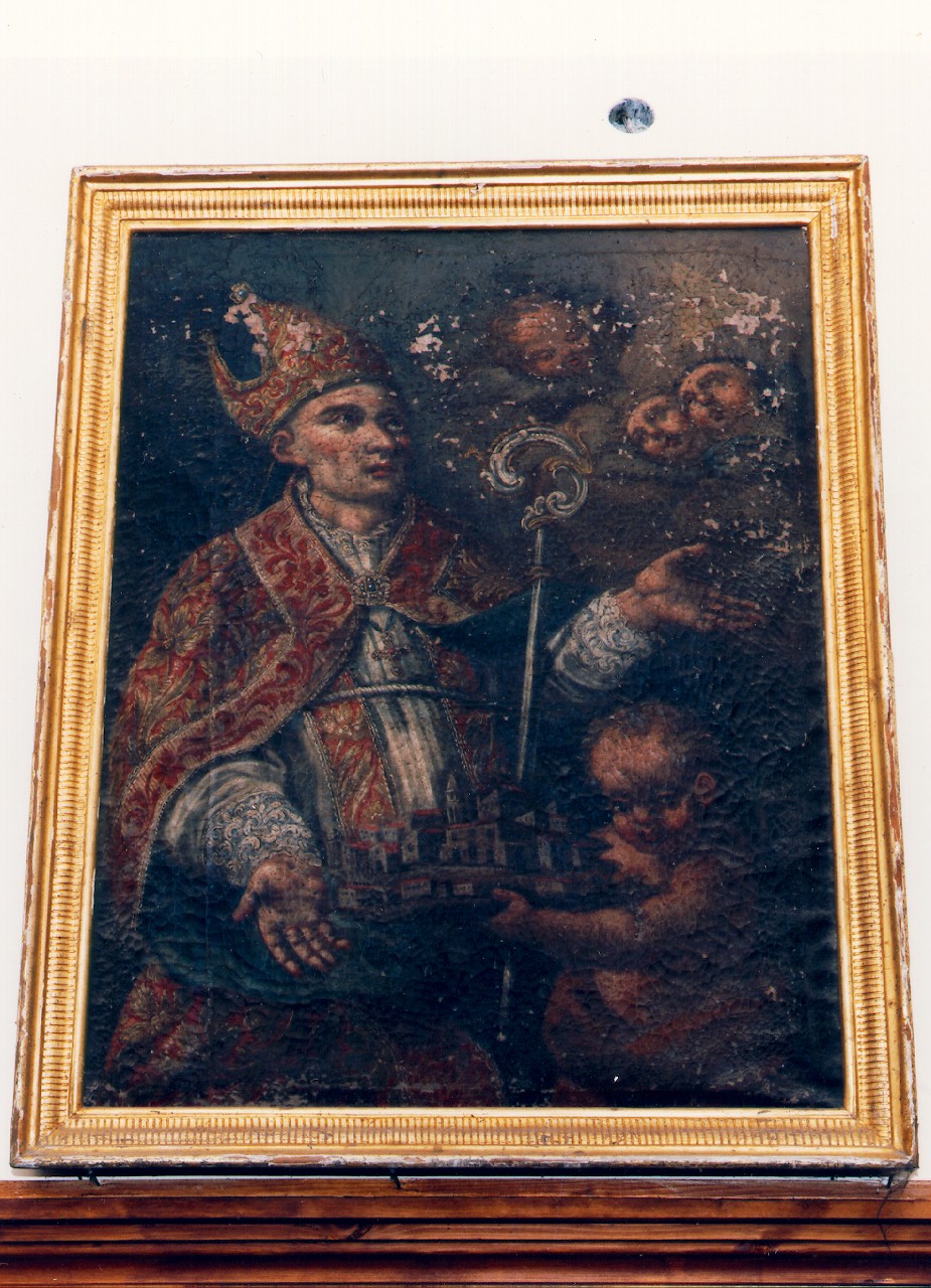 santo vescovo tra cherubini e angioletto (dipinto) - ambito siciliano (Prima metà sec. XVIII)