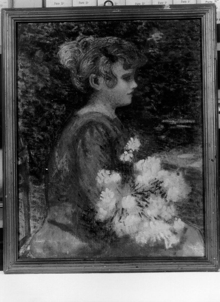 profilo di bambina con fiori (dipinto) di Cristiani Giuseppina (primo quarto sec. XX)