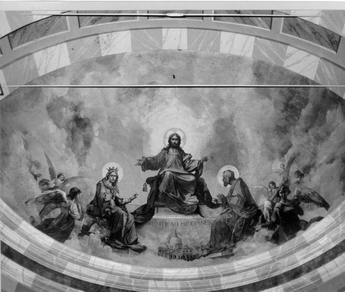 Cristo in trono con la Madonna e San Giuseppe (dipinto, complesso decorativo) di Marcucci Michele (sec. XX)