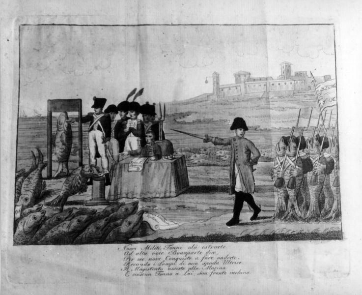 Napoleone I imperatore dei francesi comanda una battaglione di tonni-soldati, storie della vita di Napoleone Bonaparte (stampa) - ambito italiano (prima metà sec. XIX)