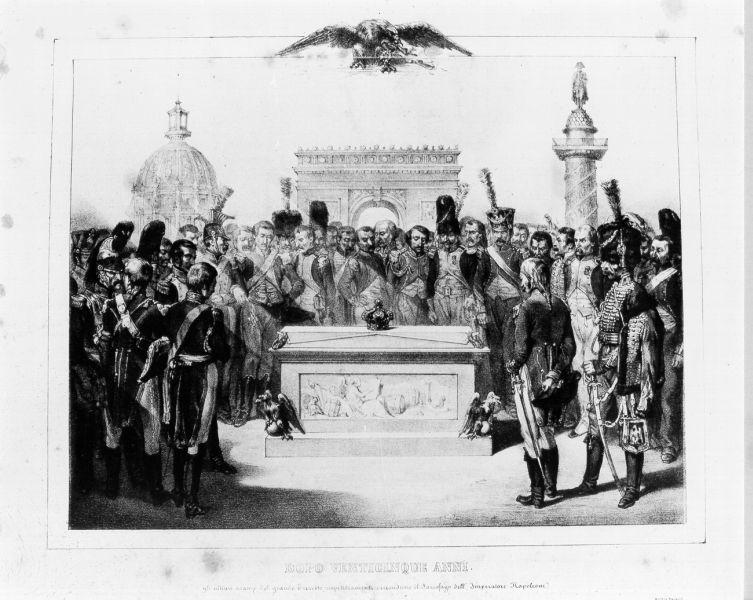 l'esercito circonda il sarcofago dell'Imperatore Napoleone (stampa) - ambito italiano (seconda metà sec. XIX)