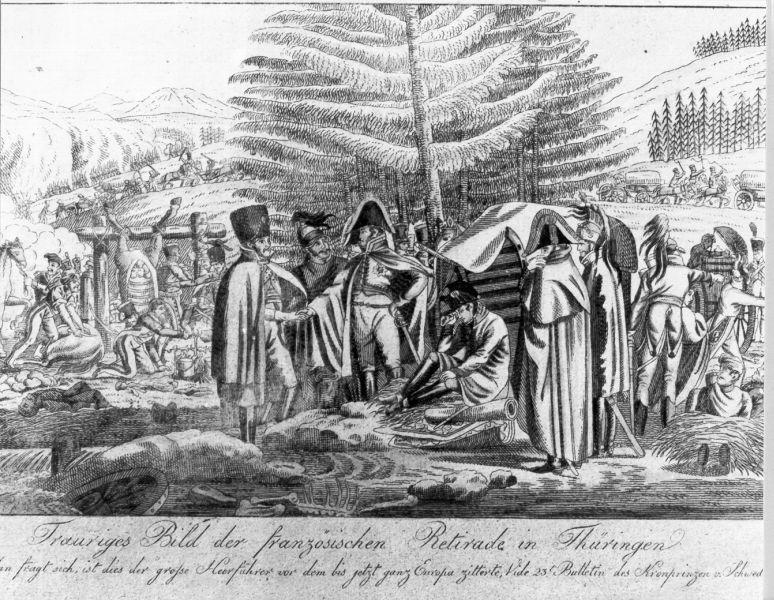 Trauriges bild der franzosischen retirade in thuringen, scena di battaglia (stampa) - ambito tedesco (prima metà sec. XIX)