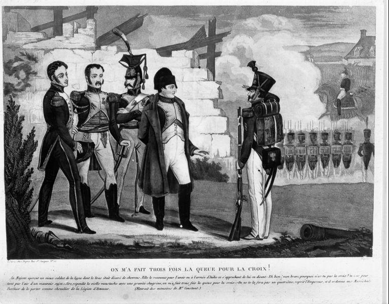 On m'a fait trois fois la queue pour la croix!, scena (stampa) di Dopter (prima metà sec. XIX)