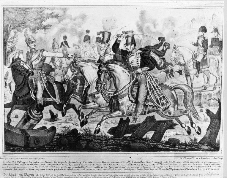 Battaille de Wagram le 6 juillet 1809, scena di battaglia (stampa) di Dembour Adrien, Gangel (prima metà sec. XIX)