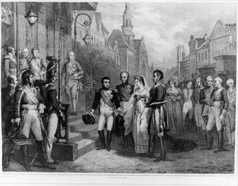 Napoleone I Imperatore dei francesi riceve la Regina Luisa di Prussia a Tilsit, storie della vita di Napoleone Bonaparte (stampa) di Bougeard (prima metà sec. XIX)