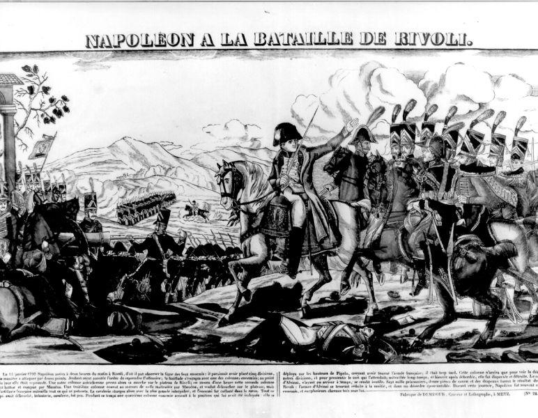 Napoleon a la bataille di Rivoli, scena di battaglia (stampa) di Dembour Adrien, Lafitte Louis (sec. XIX)