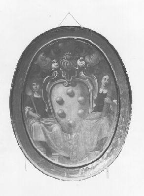 STEMMA DELLA FAMIGLIA MANSI SORRETTO DA DUE FIGURE FEMMINILI (dipinto, opera isolata) di Mannucci Gaspare (e aiuti) (prima metà sec. XVII)