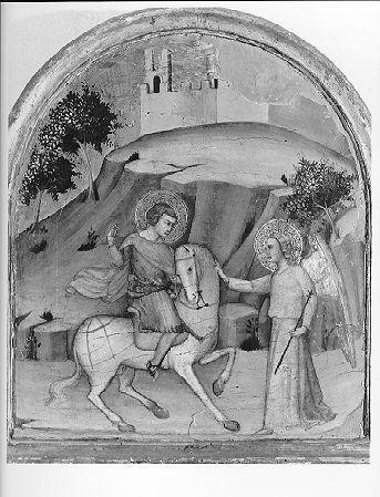 San Galgano fermato da un angelo, Storie della vita di San Galgano (dipinto) di Andrea di Bartolo (sec. XIV)