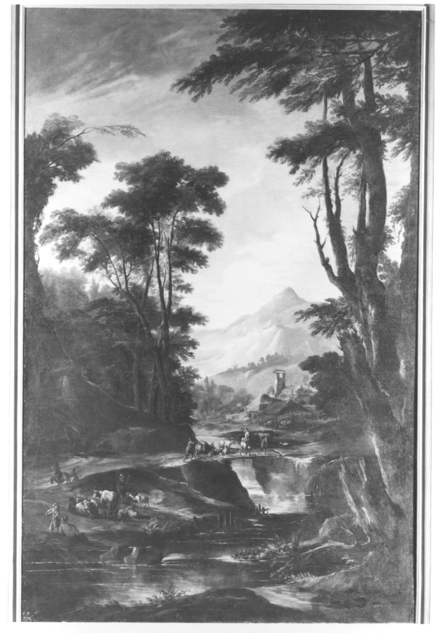 paesaggio fluviale con contadini (dipinto, opera isolata) di Cignaroli Scipione (secondo quarto sec. XVIII)