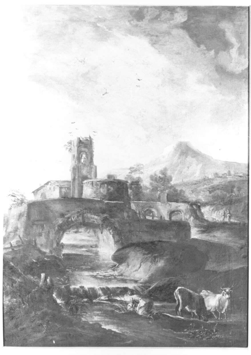 paesaggio fluviale con lavandaia (dipinto, opera isolata) di Cignaroli Scipione (maniera) (terzo quarto sec. XVIII)