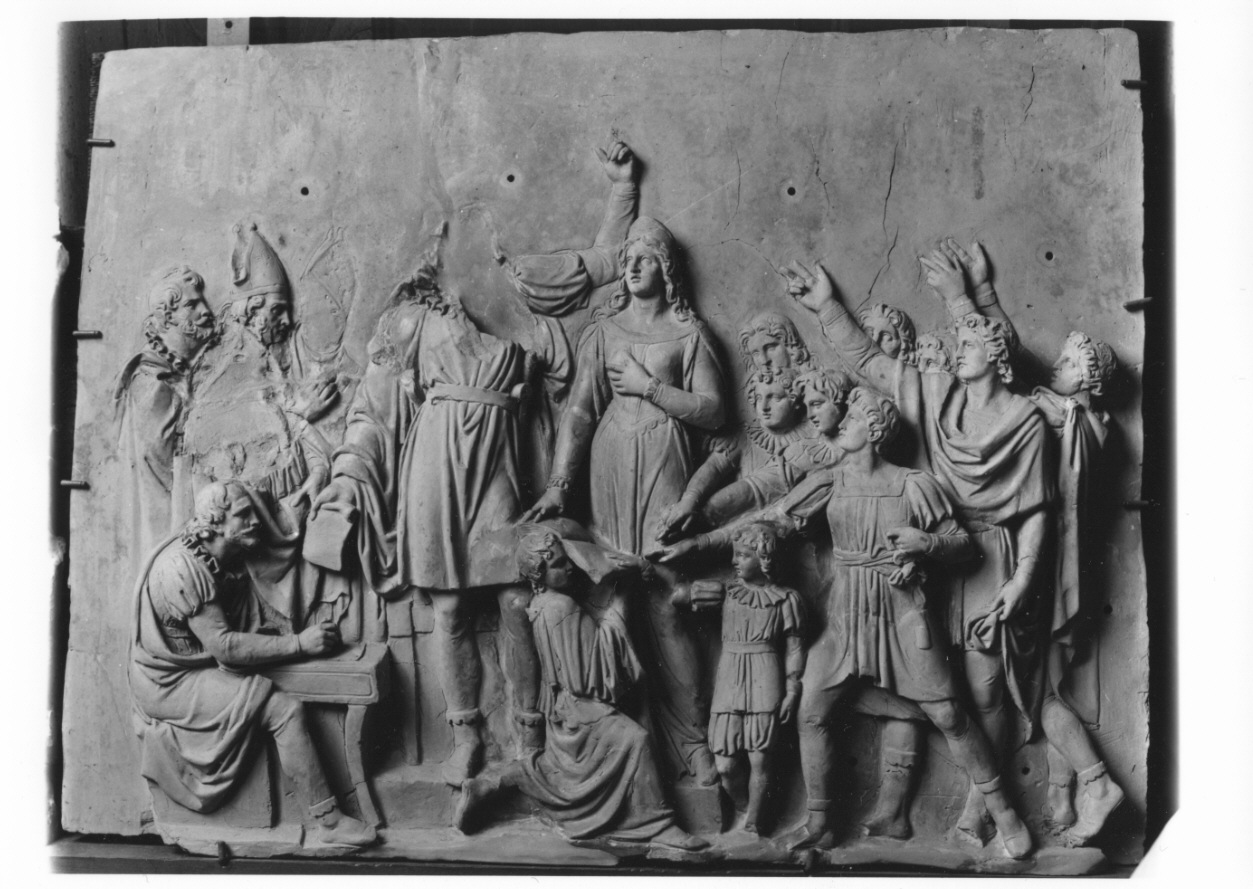 Tommaso I dona gli stratuti al comune di Chambery (rilievo, opera isolata) di Cacciatori Benedetto (secondo quarto sec. XIX)