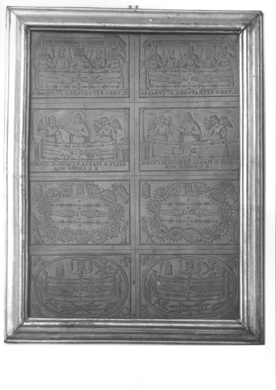 Sacra Sindone con Madonna, vescovi, angeli e simboli della Passione (matrice) - ambito piemontese (fine sec. XVII)