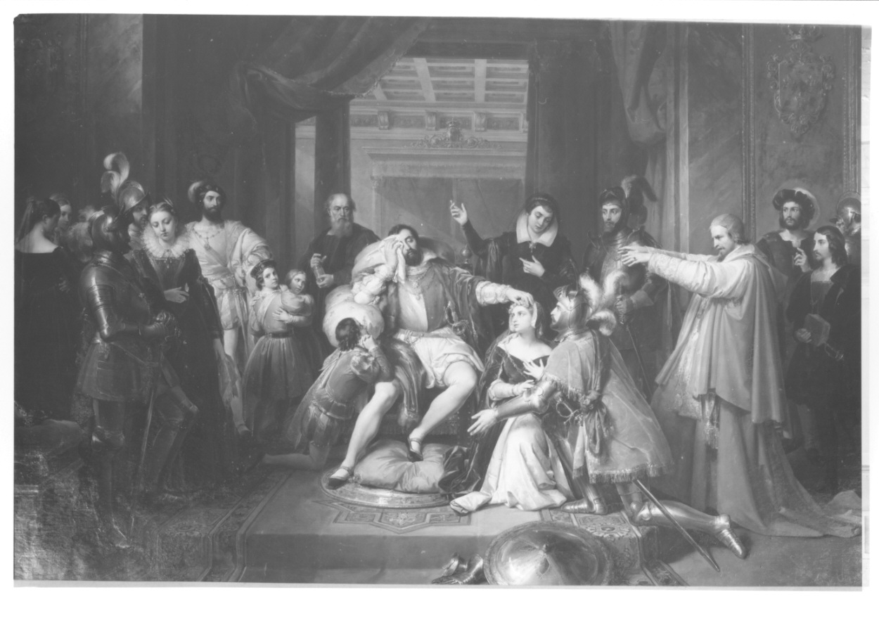 Enrico II ferito a morte in un torneo benedice il matrimonio di Emanuele Filiberto con Margherita di Valois, Enrico II benedice il matrimonio di Emanuele Filiberto con Margherita di Valois (dipinto, opera isolata) di Podesti Francesco (metà sec. XIX)