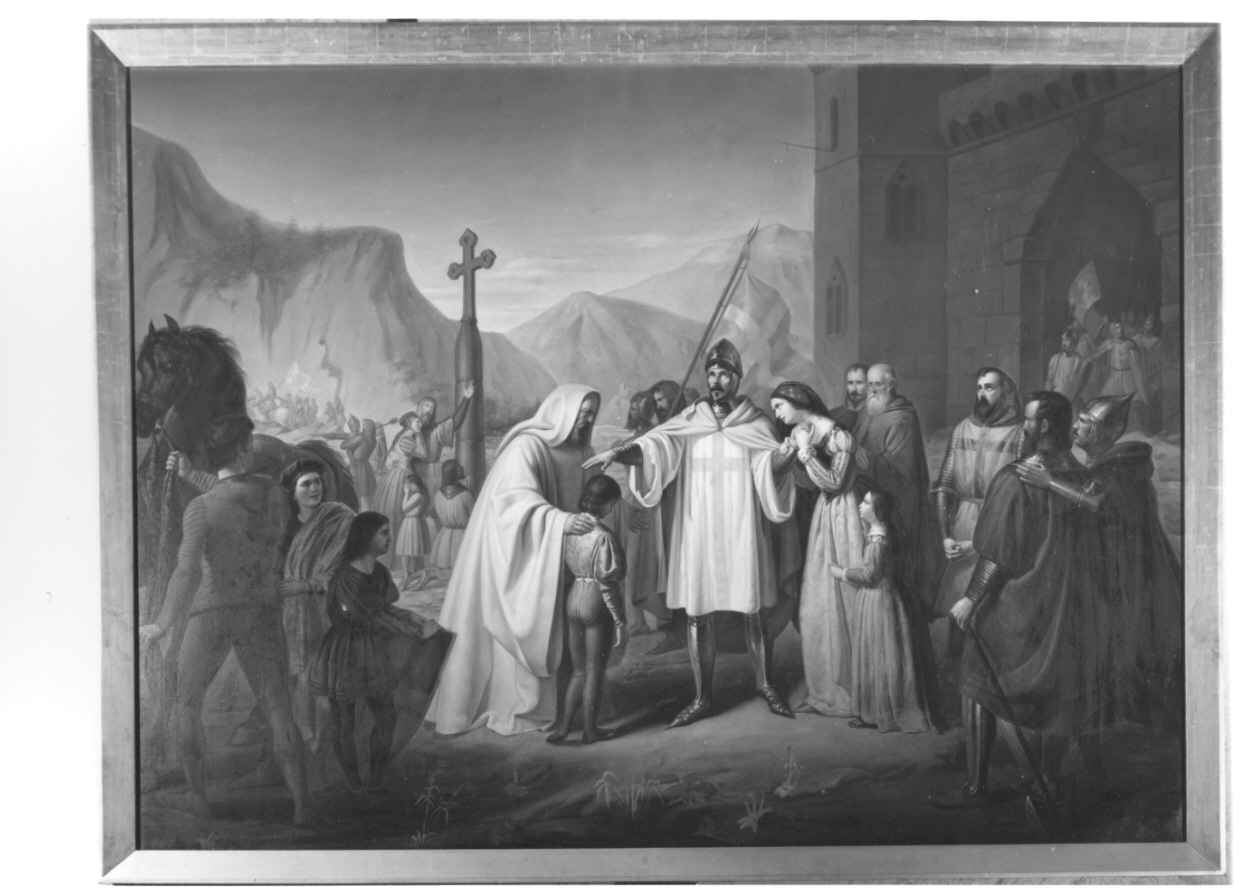 Amedeo IV principe di Savoia benedice il figlio prima di partire per la crociata (dipinto, opera isolata) di Massola Giacinto (metà sec. XIX)