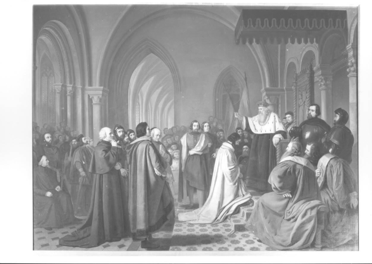 Amedeo VIII rinuncia al trono per ritirarsi a vita monastica (dipinto, opera isolata) di Frascheri Giuseppe Antonio (metà sec. XIX)