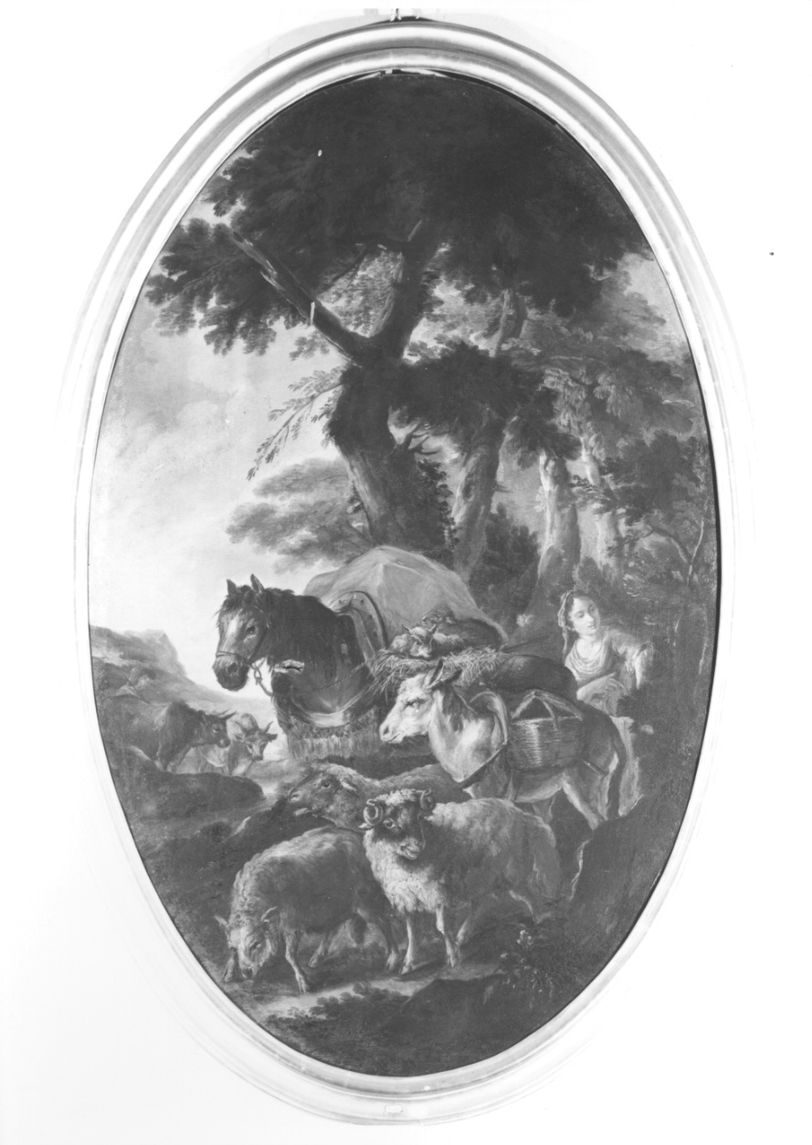 paesaggio con pastorella e animali (dipinto, opera isolata) - ambito piemontese (metà sec. XVIII)