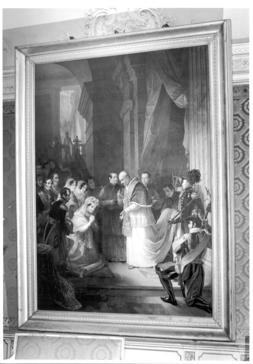 la visita fatta da SS. Gregorio XVI a S.M. la regina M. Cristina nel Palazzo Albani in Roma, visita di Gregorio XVI a Maria Cristina di Borbone (dipinto, opera isolata) di Cavalleri Ferdinando (secondo quarto sec. XIX)