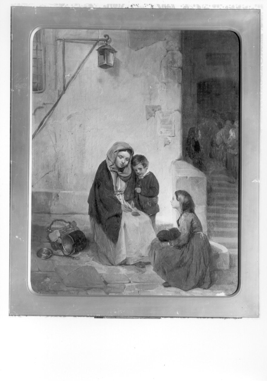 una poveretta con fanciulli presso al monte di pietà, figura femminile con bambini (dipinto, opera isolata) di Trezzini Angelo (prima metà sec. XIX)