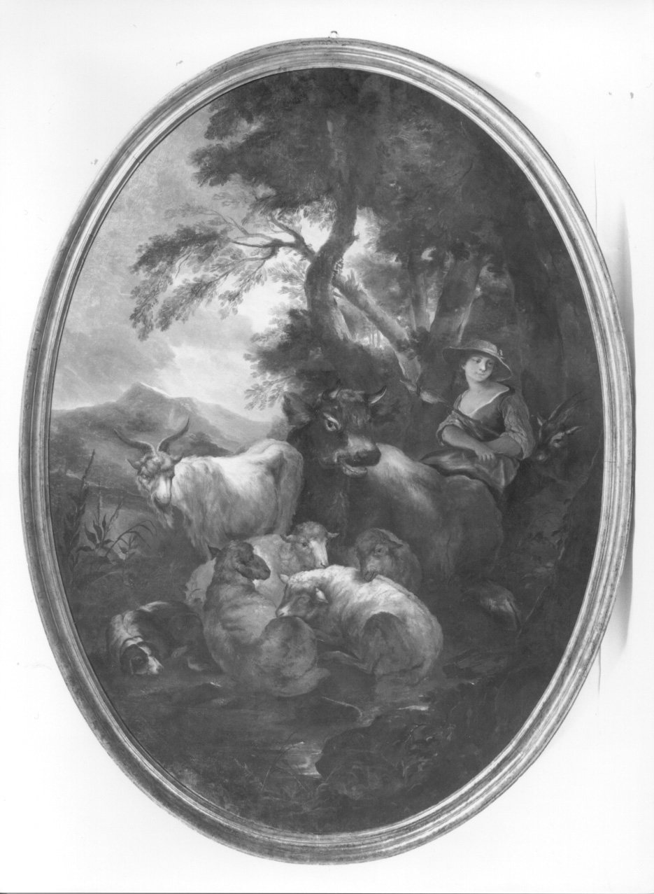 paesaggio con pastorella e animali (dipinto, opera isolata) - ambito piemontese (?) (metà sec. XVIII)