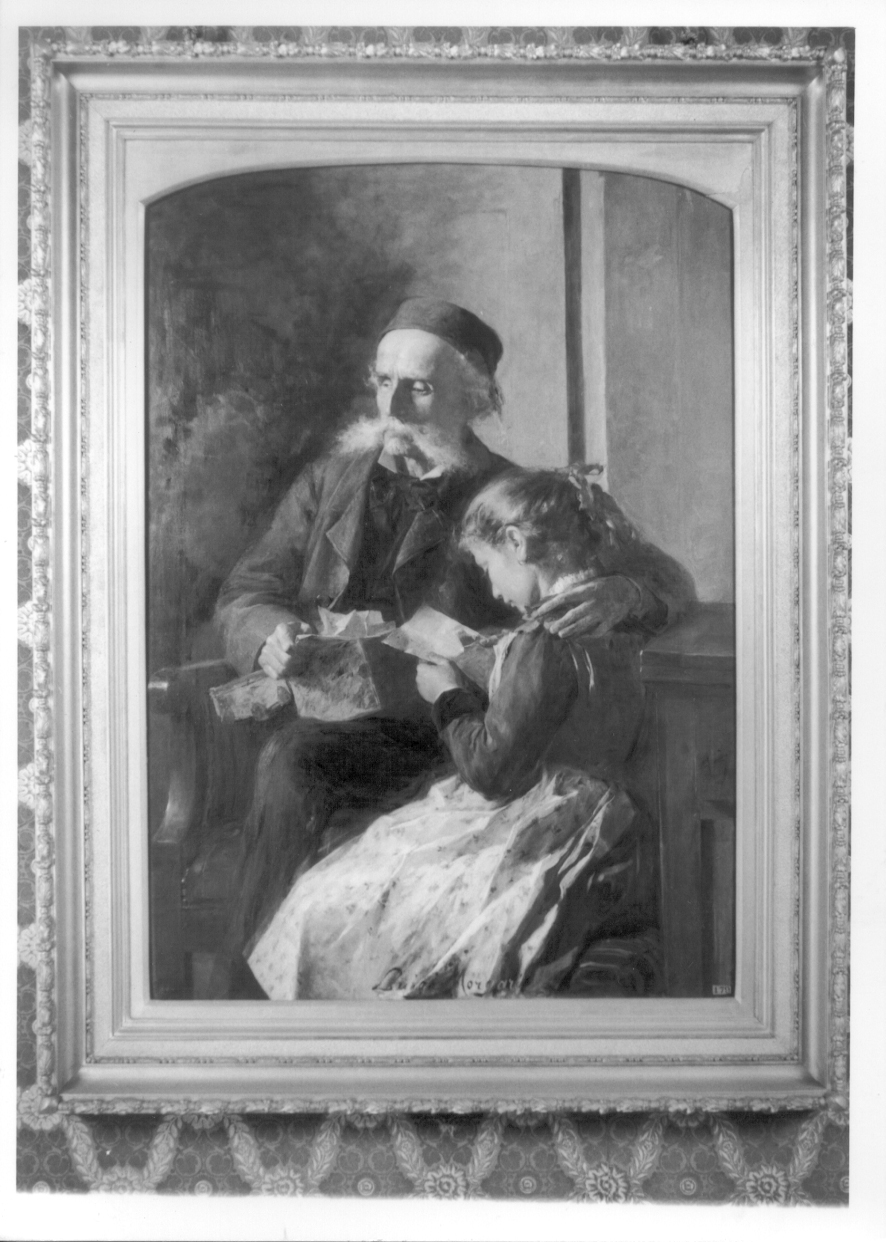 le memorie del nonno, interno con anziano e bambina (dipinto, opera isolata) di Morgari Luigi (ultimo quarto sec. XIX)