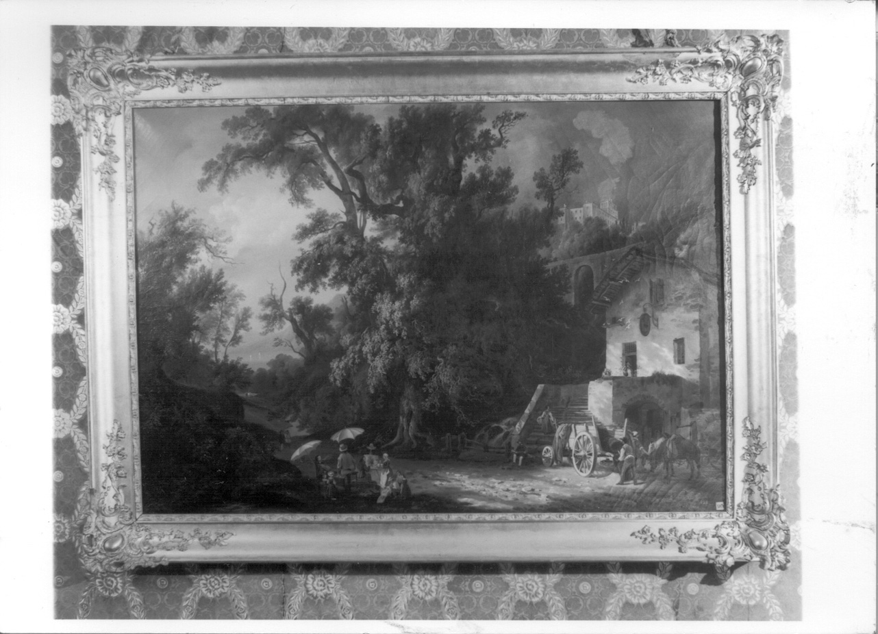 convegno di pittori, paesaggio con pittori nei pressi di un'osteria (dipinto, opera isolata) di Gonin Enrico (metà sec. XIX)